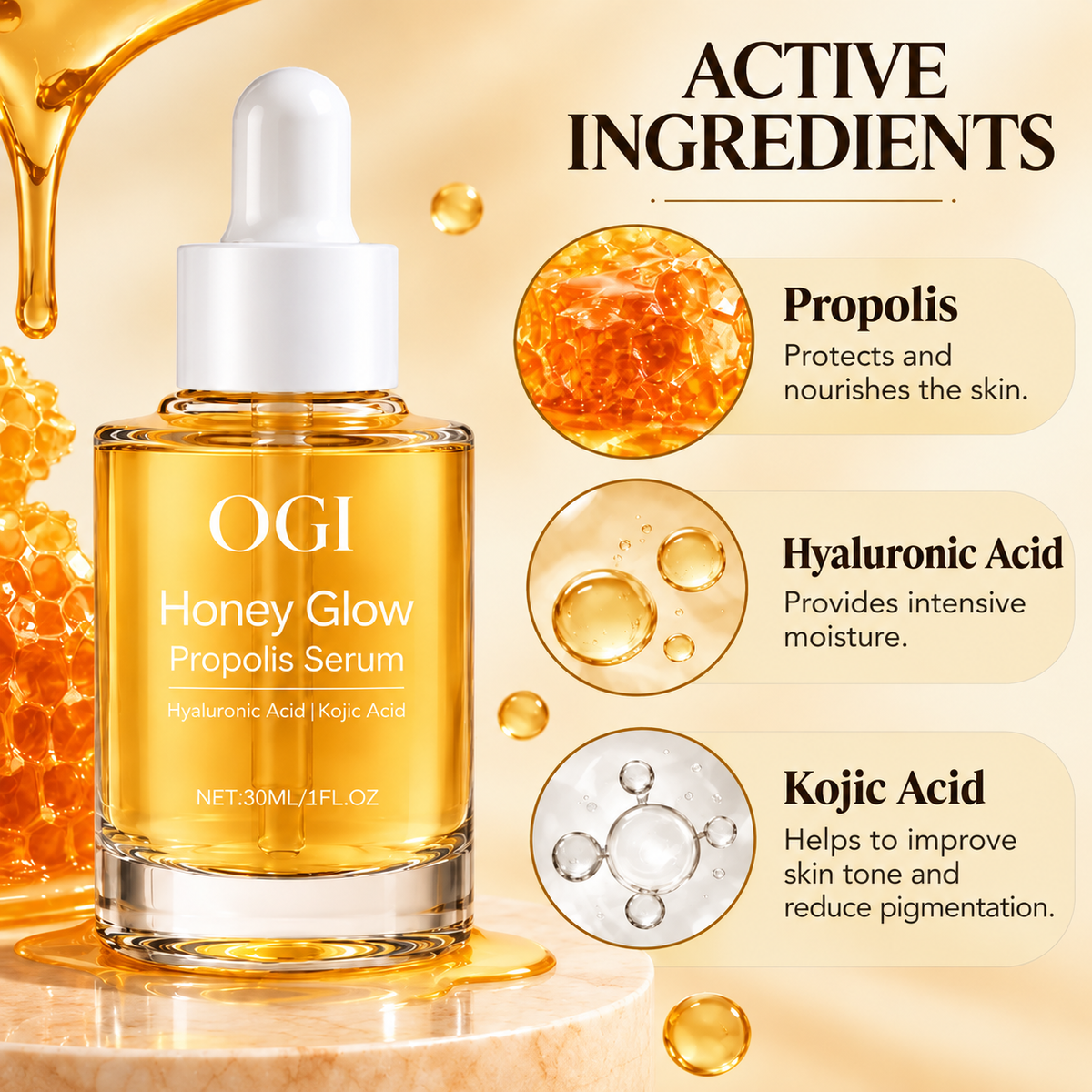 Honey Glow Face Serum with Propolis, Hyaluronic Acid & Kojic Acid – 30 ml