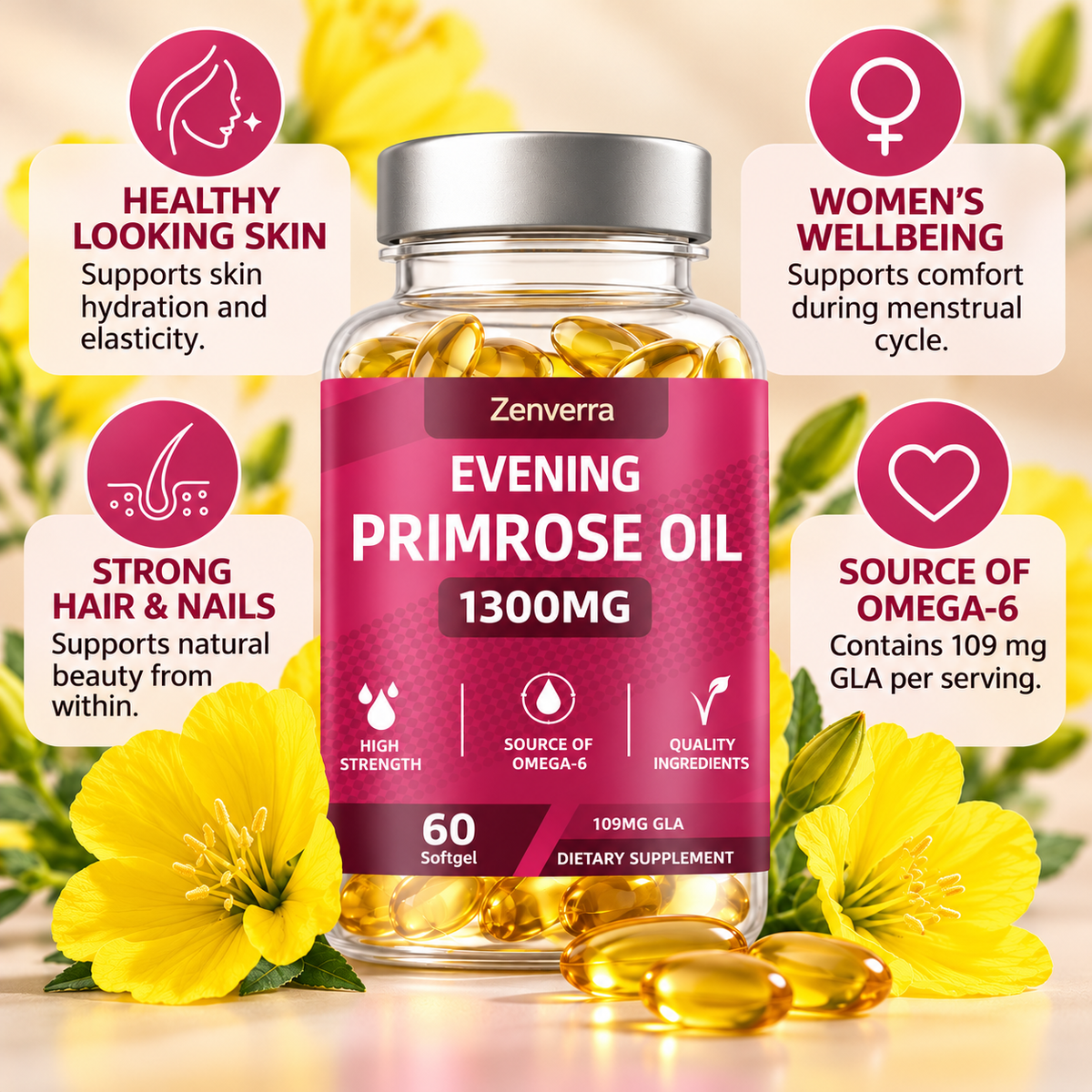 Evening Primrose Oil 1300 mg with GLA – Omega-6 – 60 Softgels