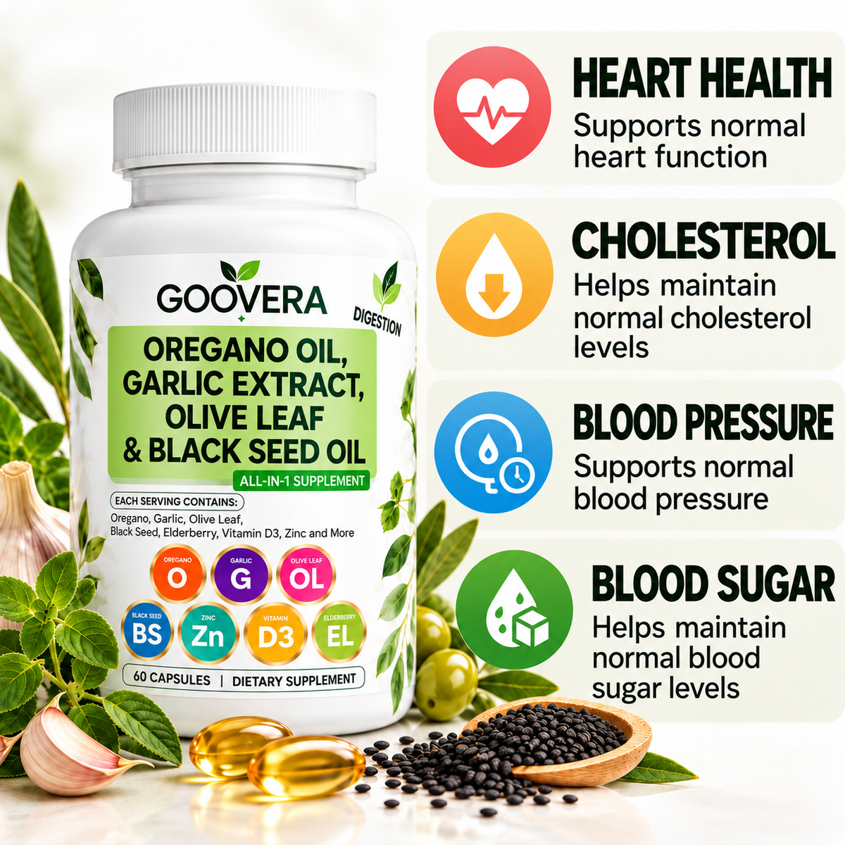 Oregano Oil with Garlic Extract, Olive Leaf & Black Seed Oil – 60 Capsules