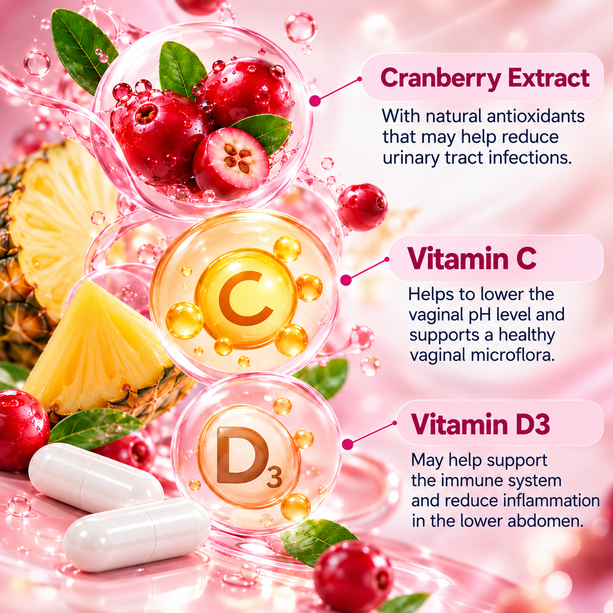 Dietary Supplements for Women with Cranberry, Pineapple & Bacterial Cultures – 60 Capsules