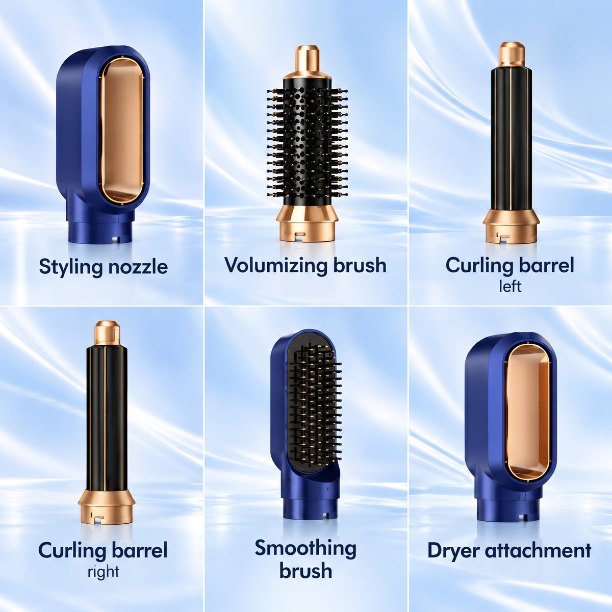 5-in-1 Air Styler with Hair Dryer, Curling Iron, Straightening Brush & Round Brush – Blue/Gold