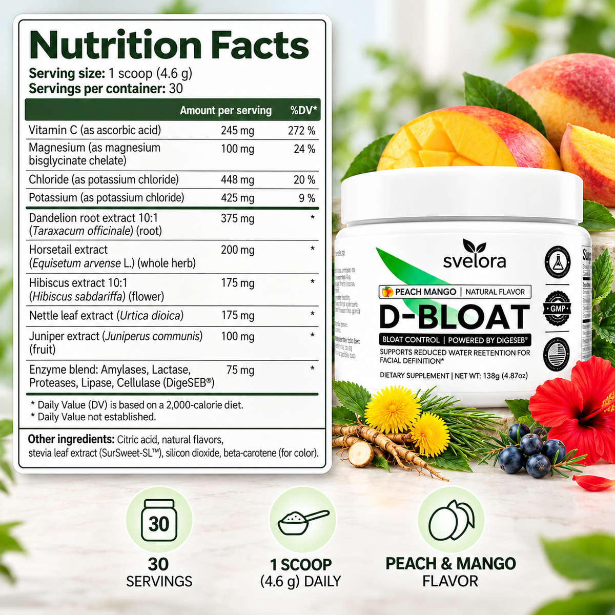 D-Bloat Supplement Powder – Peach & Mango – Dandelion, Nettle, Hibiscus, Magnesium & Vitamin C – 30 Servings