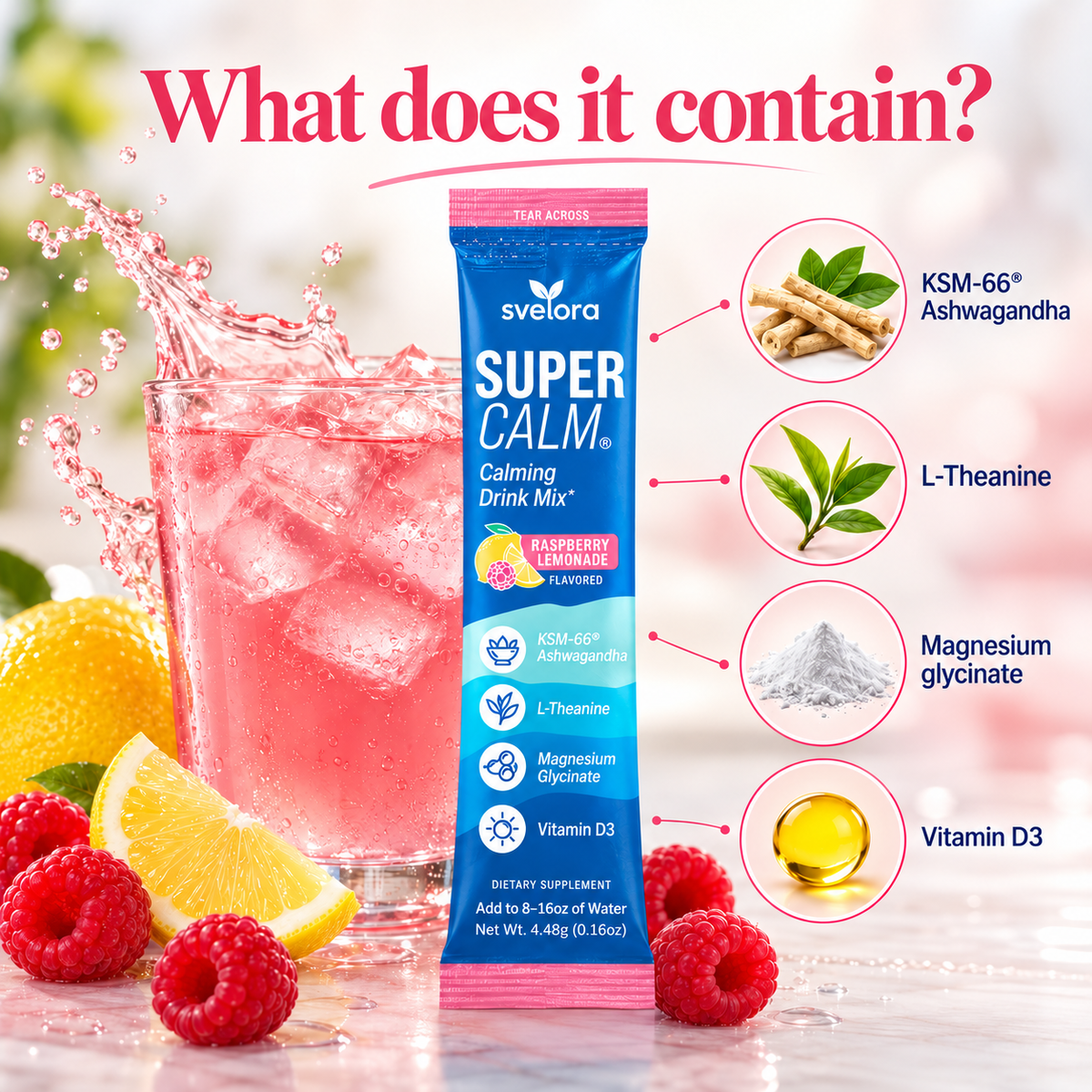 SuperCalm Raspberry Lemonade – Ashwagandha, L-Theanine, Magnesium & Vitamin D3 – 20 Servings