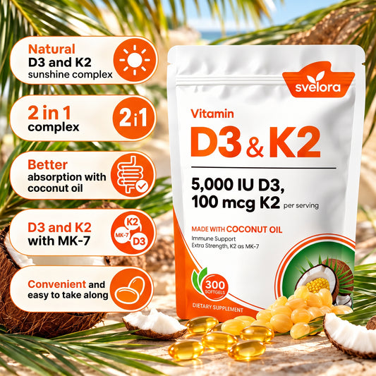 Vitamin D3 + K2 5000 IU & 100 µg MK-7 – With Coconut Oil – 300 Softgels