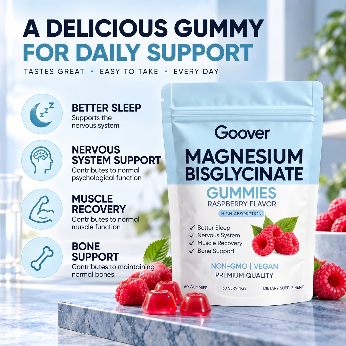 Magnesium Bisglycinate Gummies 400 mg – Raspberry Flavor, 60 Gummies