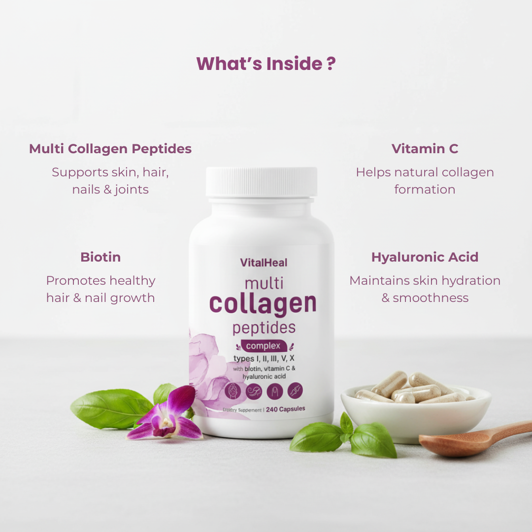 Multi Collagen Peptides 80 days supply - 240 Capsules – Hydrolyzed Collagen with Biotin & Hyaluronic Acid