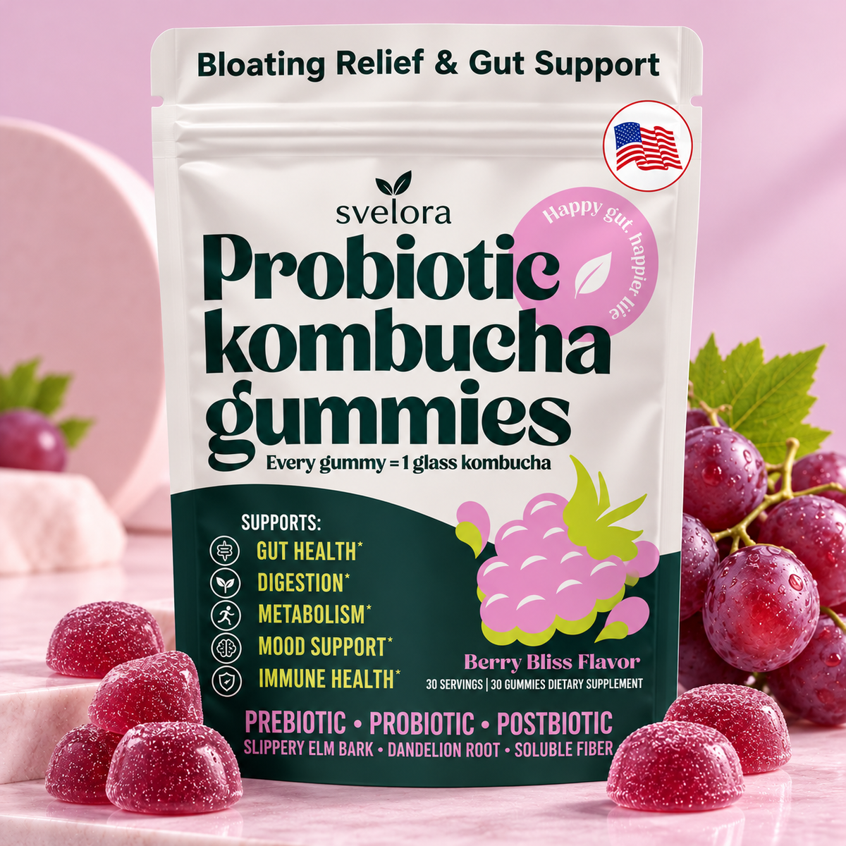 Kombucha Gummies with Probiotics, Prebiotics & Postbiotics – 30 Gummies