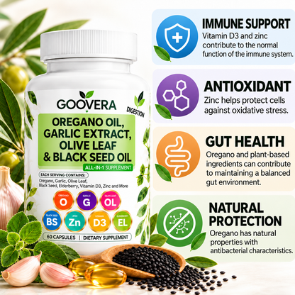 Oregano Oil with Garlic Extract, Olive Leaf & Black Seed Oil – 60 Capsules