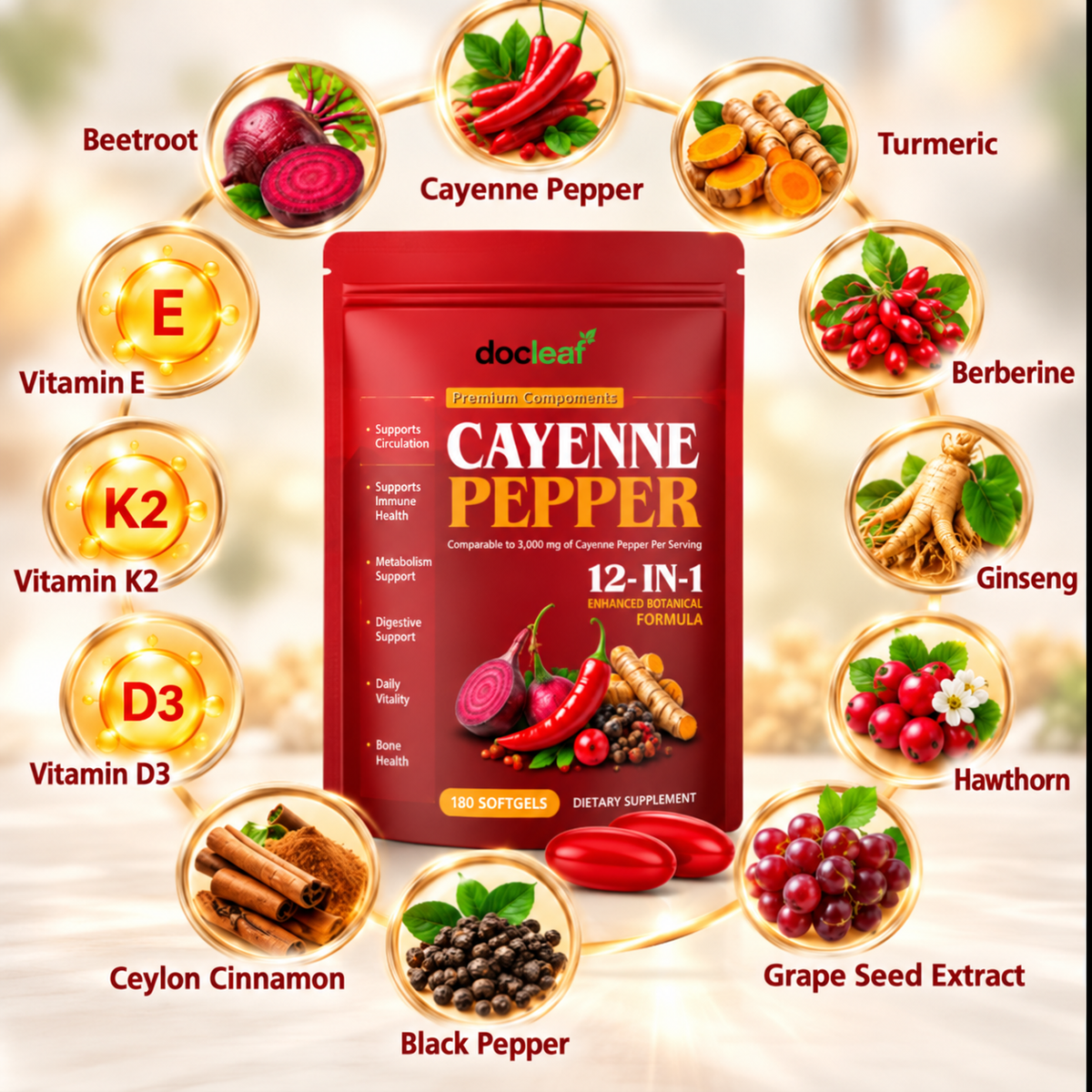 Cayenne Pepper 12-in-1 Capsules – Plant Extract, Vitamin D3, K2 & E, 180 pcs