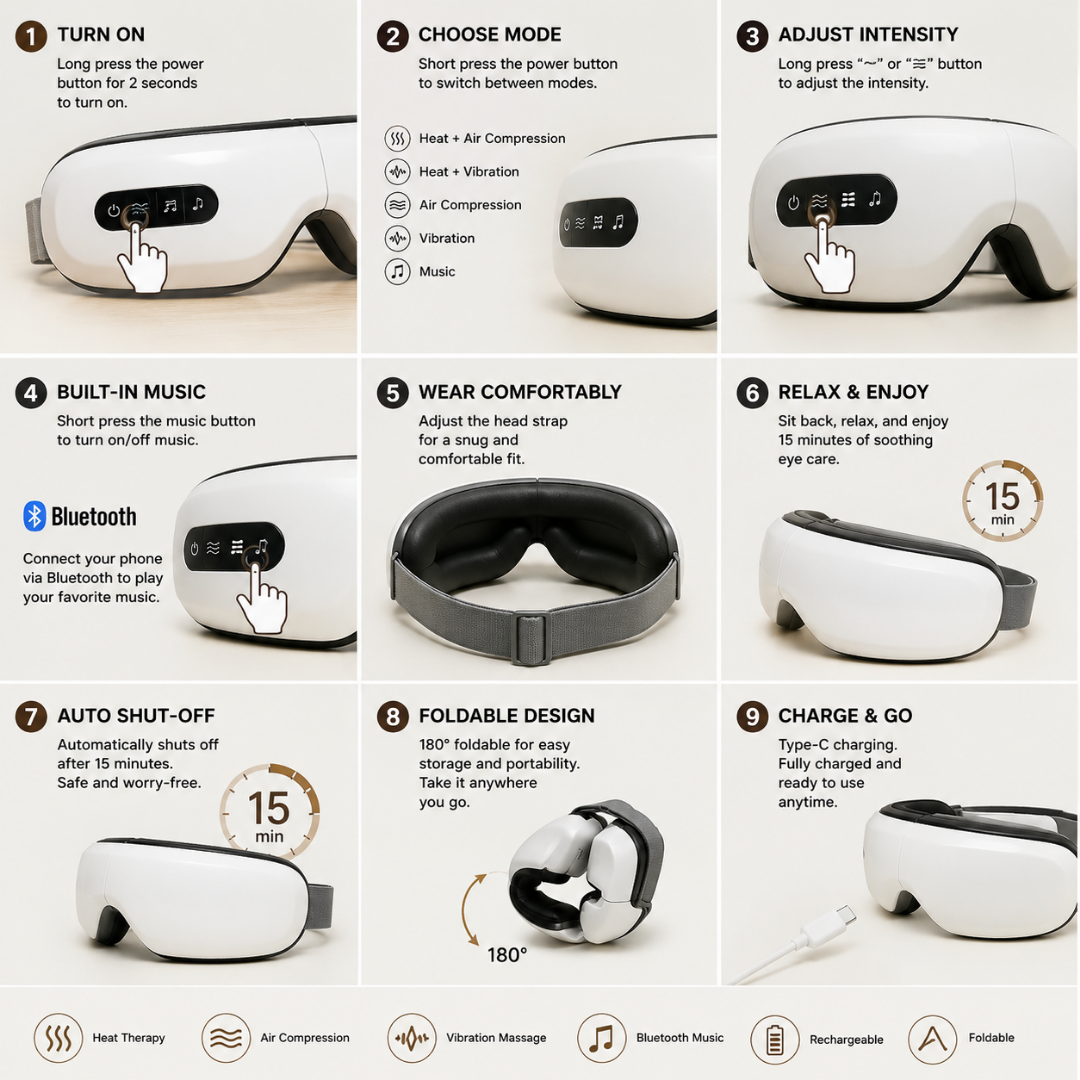 Heated Eye Massager – Heat, Massage & Music for Tired Eyes
