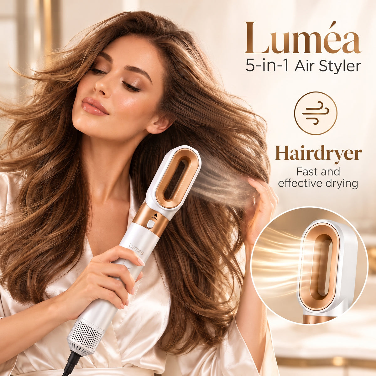 5-in-1 Air Styler with Hair Dryer, Curling Iron, Straightening Brush & Round Brush – White/Gold