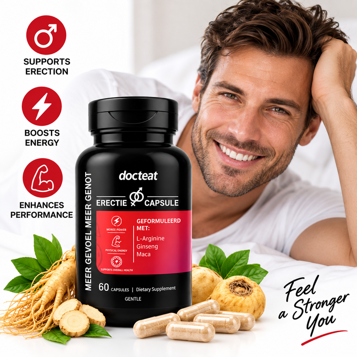 Docteat Men’s Vitality Capsules – L-Arginine, Ginseng & Maca – 60 Capsules
