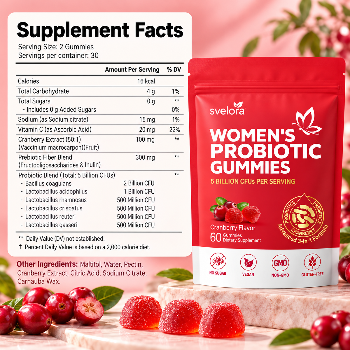 Probiotic Gummies for Women – Cranberry, 5 Billion CFU, Prebiotics & Vitamin C – 60 pcs