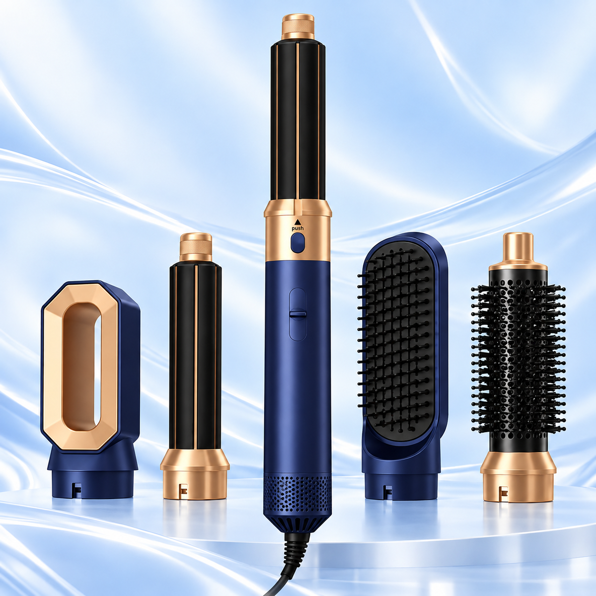 5-in-1 Air Styler with Hair Dryer, Curling Iron, Straightening Brush & Round Brush – Blue/Gold