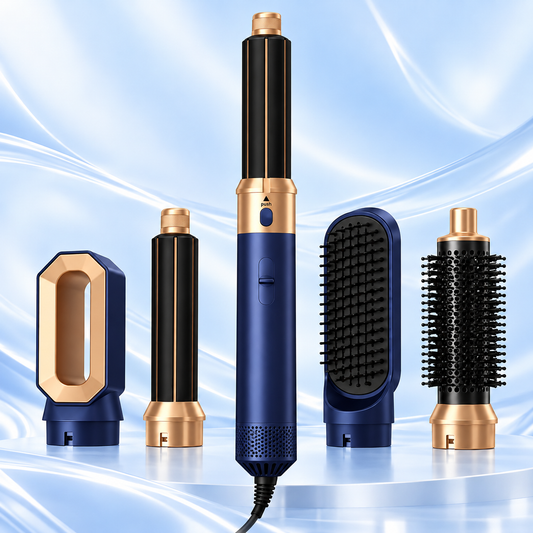 5-in-1 Air Styler with Hair Dryer, Curling Iron, Straightening Brush & Round Brush – Blue/Gold