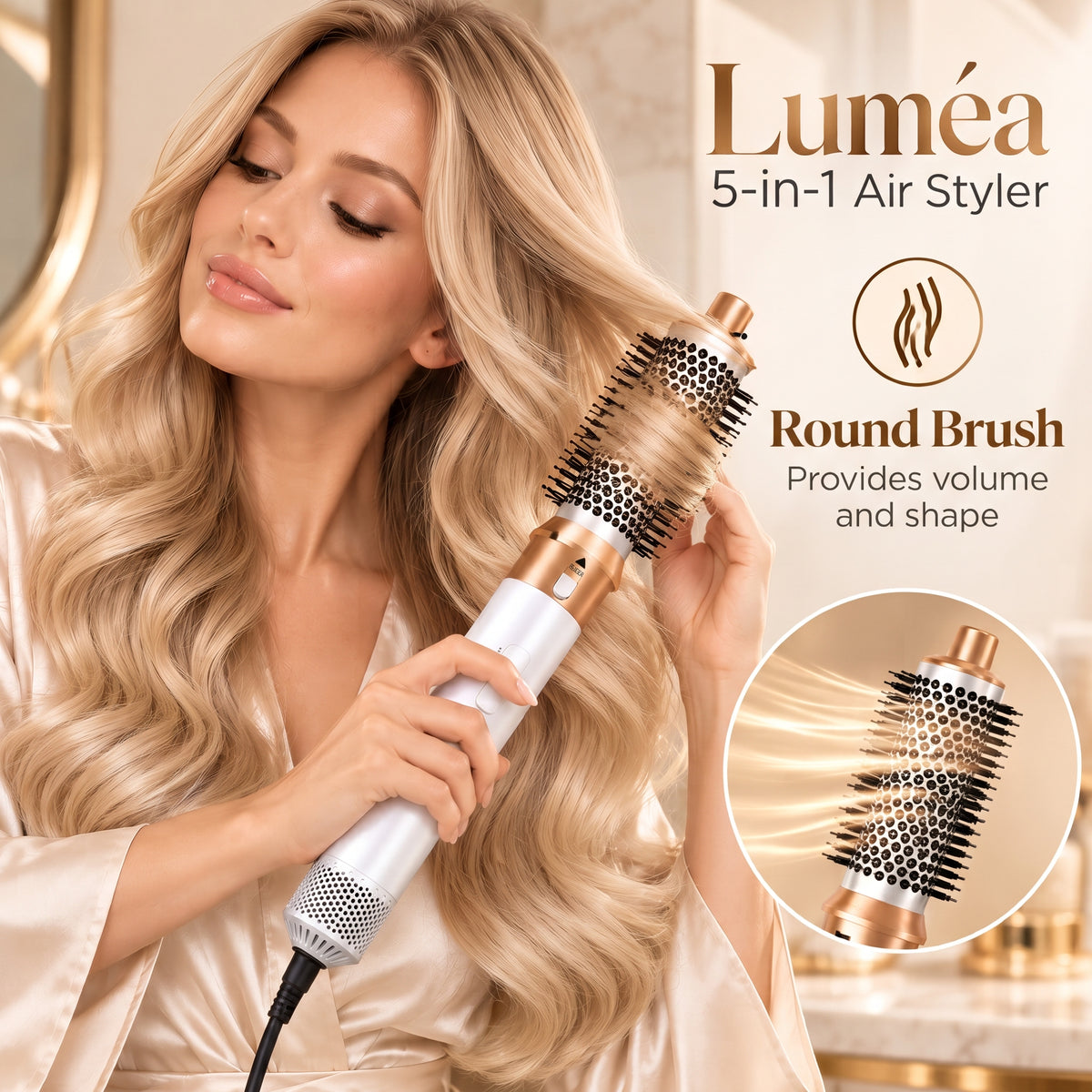 5-in-1 Air Styler with Hair Dryer, Curling Iron, Straightening Brush & Round Brush – White/Gold