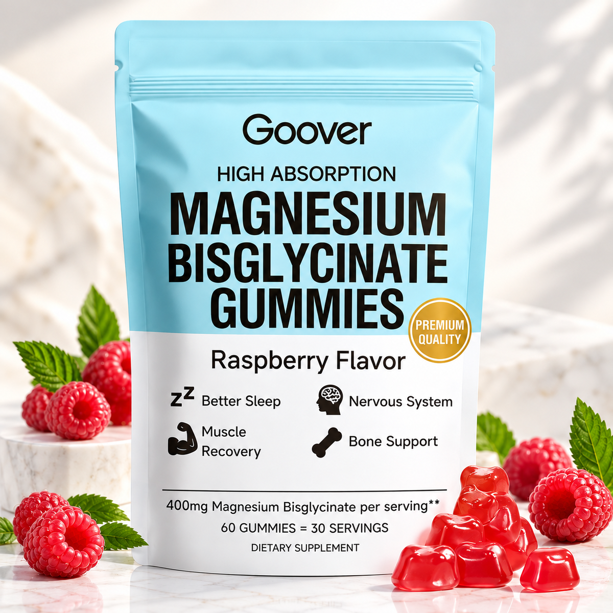 Magnesium Bisglycinate Gummies 400 mg – Raspberry Flavor, 60 Gummies