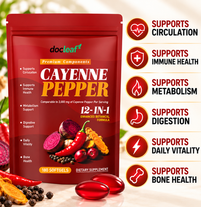 Cayenne Pepper 12-in-1 Capsules – Plant Extract, Vitamin D3, K2 & E, 180 pcs
