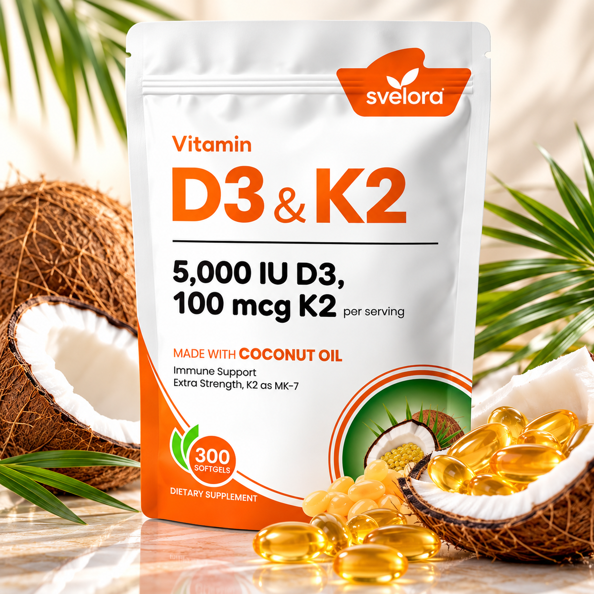 Vitamin D3 + K2 5000 IU & 100 µg MK-7 – With Coconut Oil – 300 Softgels