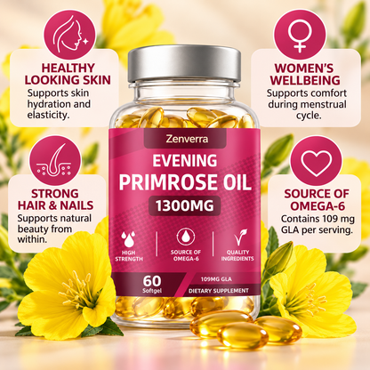 Evening Primrose Oil 1300 mg with GLA – Omega-6 – 60 Softgels
