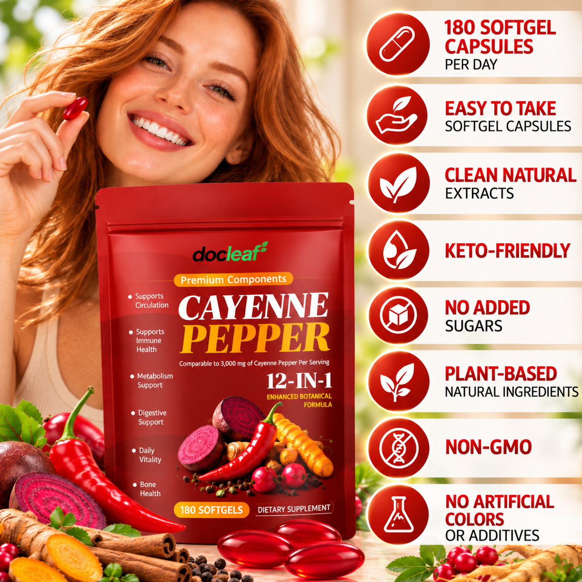 Cayenne Pepper 12-in-1 Capsules – Plant Extract, Vitamin D3, K2 & E, 180 pcs