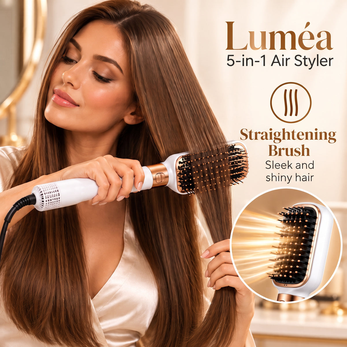 5-in-1 Air Styler with Hair Dryer, Curling Iron, Straightening Brush & Round Brush – White/Gold