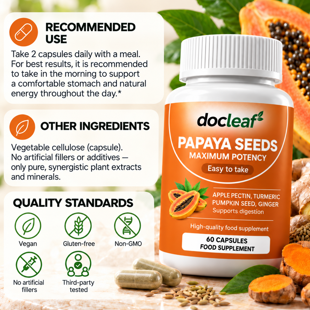 Papaya Seeds with Turmeric, Ginger & Fennel – 60 Capsules