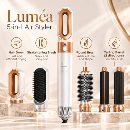 5-in-1 Air Styler with Hair Dryer, Curling Iron, Straightening Brush & Round Brush – White/Gold