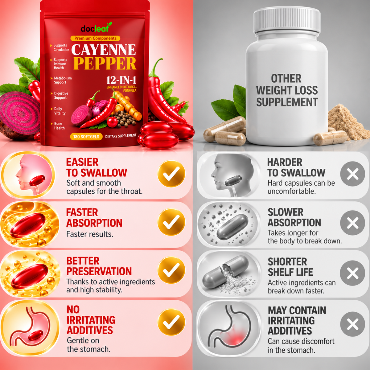 Cayenne Pepper 12-in-1 Capsules – Plant Extract, Vitamin D3, K2 & E, 180 pcs