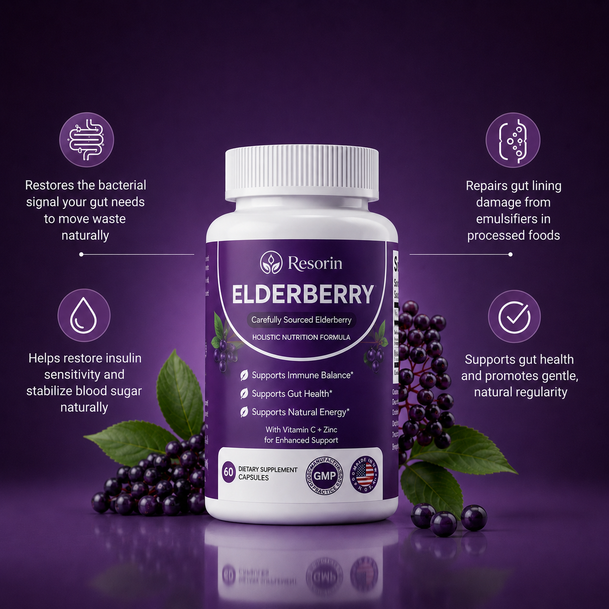 Elderberry 1200mg Complex with Vitamin C & Zinc – 60 Capsules