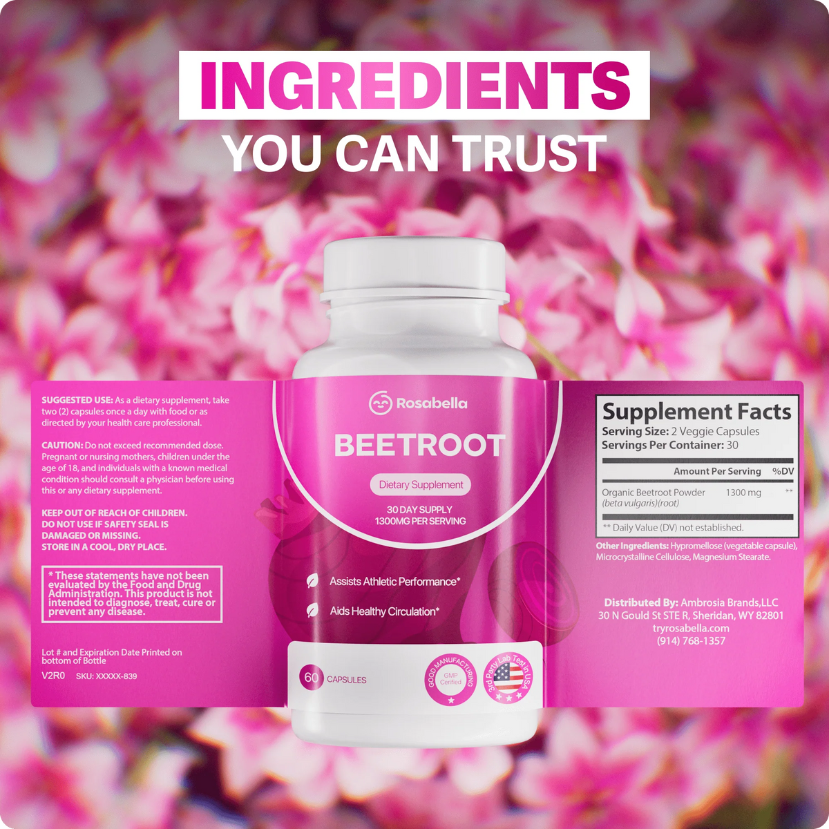 Rosabella Organic Beetroot Capsules 1300mg – Beet Root Supplement – 60 capsules