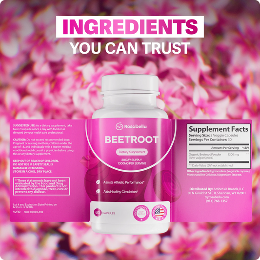 Rosabella Organic Beetroot Capsules 1300mg – Beet Root Supplement – 60 capsules