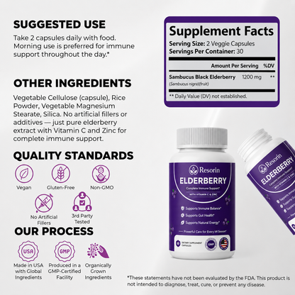 Elderberry 1200mg Complex with Vitamin C & Zinc – 60 Capsules