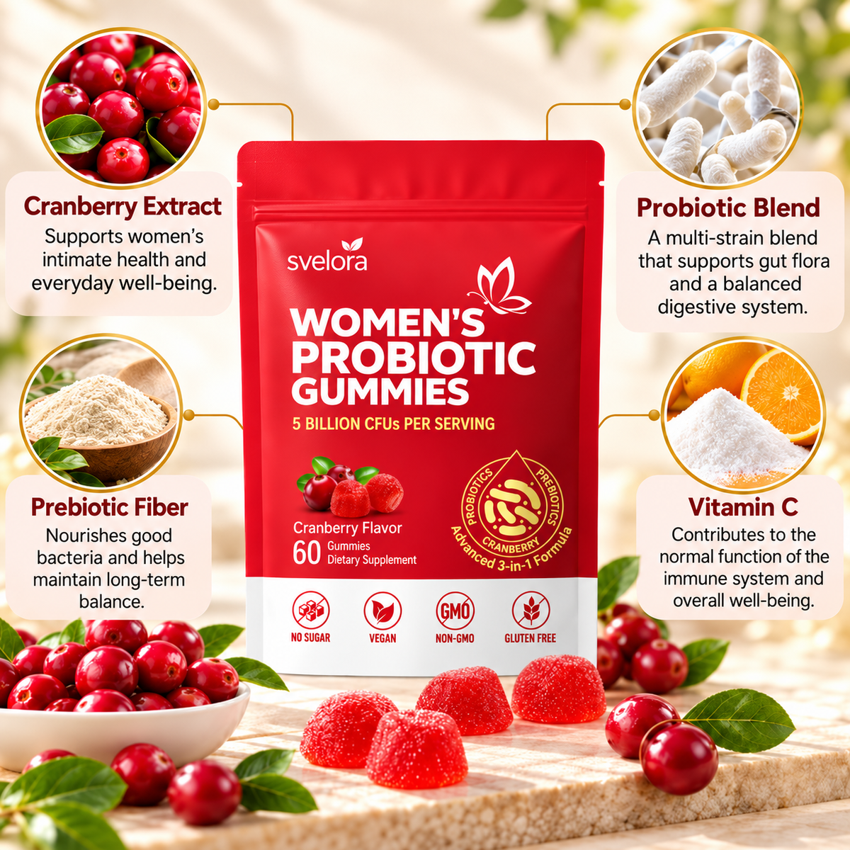 Probiotic Gummies for Women – Cranberry, 5 Billion CFU, Prebiotics & Vitamin C – 60 pcs