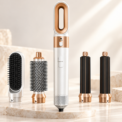 5-in-1 Air Styler with Hair Dryer, Curling Iron, Straightening Brush & Round Brush – White/Gold