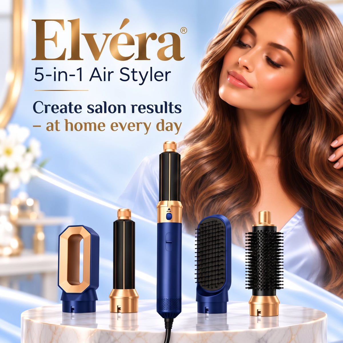 5-in-1 Air Styler with Hair Dryer, Curling Iron, Straightening Brush & Round Brush – Blue/Gold