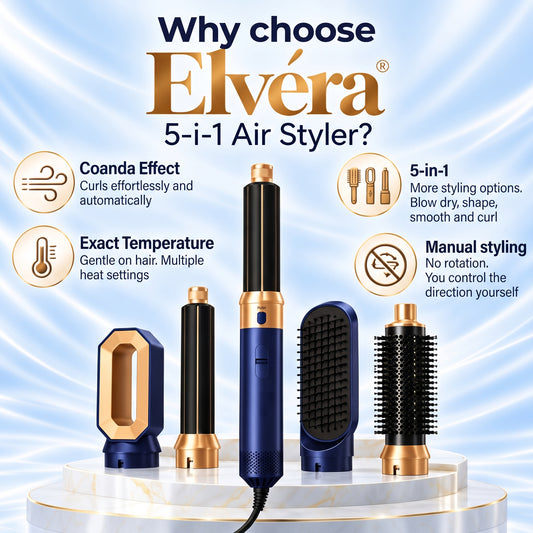 5-in-1 Air Styler with Hair Dryer, Curling Iron, Straightening Brush & Round Brush – Blue/Gold