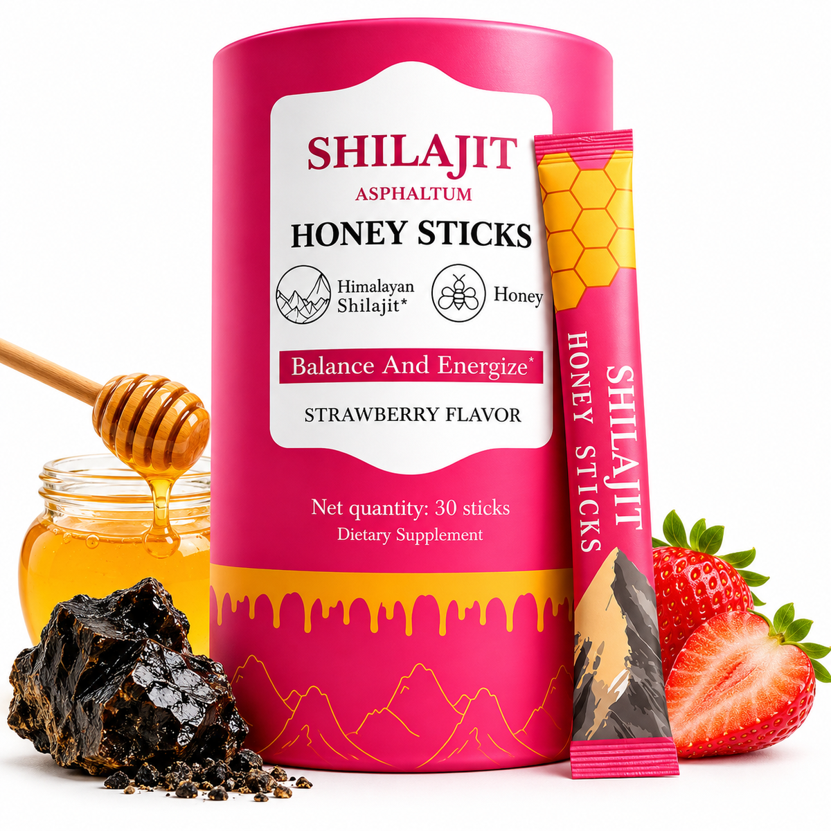 Women’s Shilajit Honey Sticks with Shatavari & Kashmiri Saffron – Strawberry Flavor, 30 Sticks