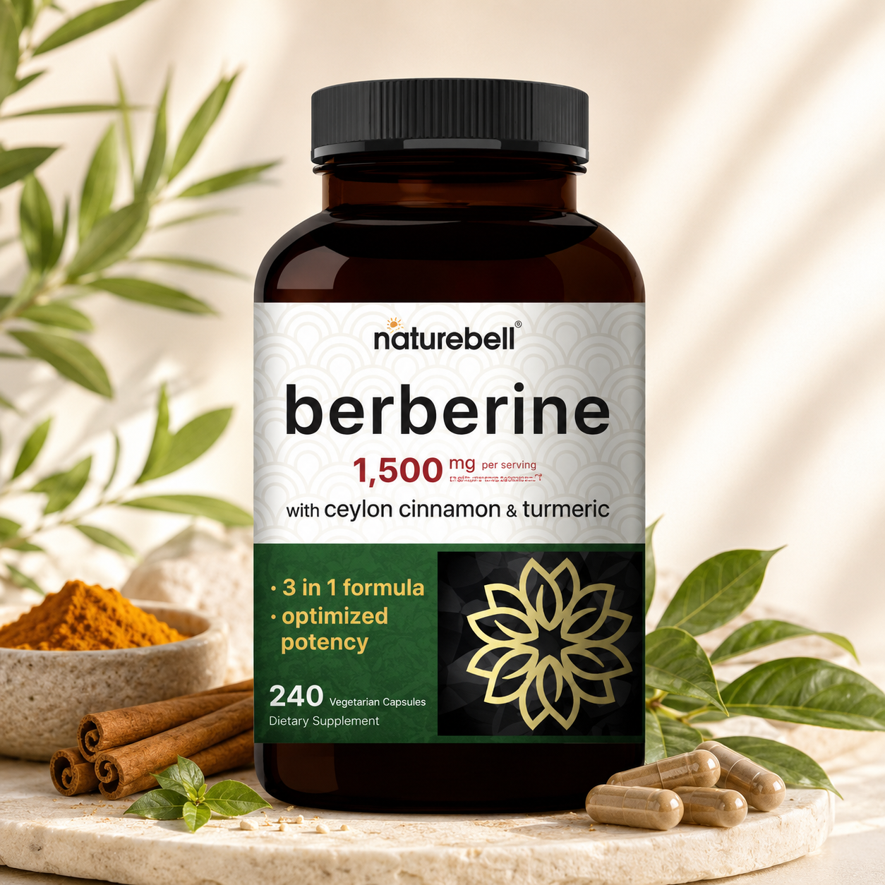 NatureBell Berberine 1500mg with Ceylon Cinnamon & Turmeric – 240 Vegetarian Capsules