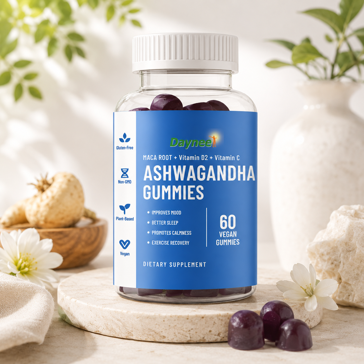 Ashwagandha Gummies with Maca Root, Vitamin D2 & Vitamin C – 60 Vegan Gummies