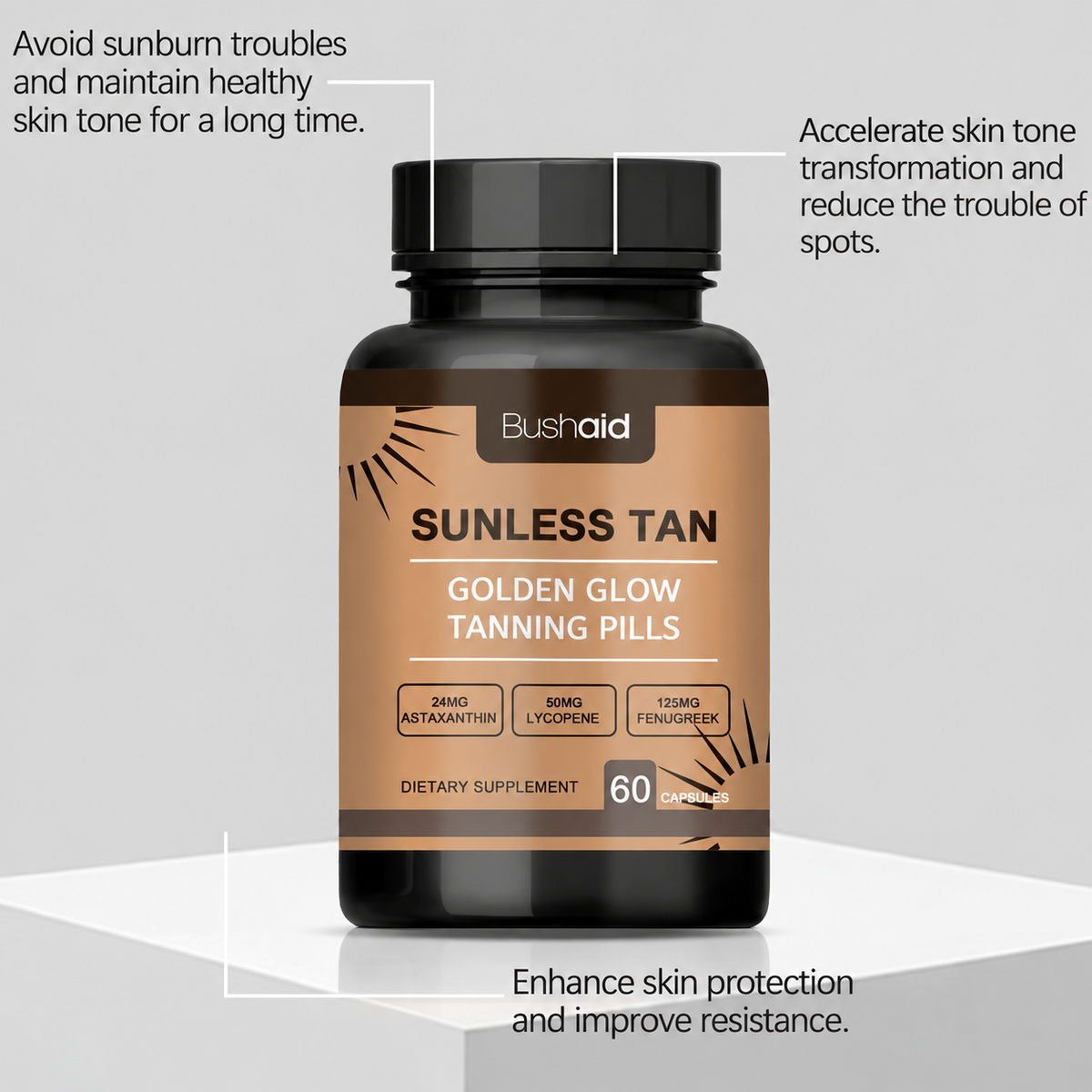 Sunless Tan Tanning Pills – Astaxanthin, Lycopene & Fenugreek – 60 Capsules