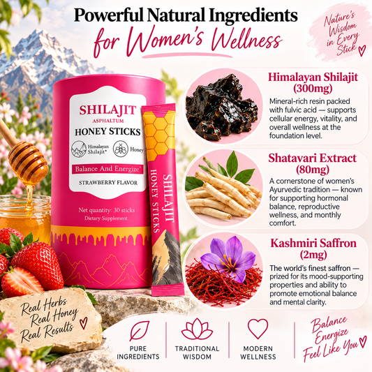 Women’s Shilajit Honey Sticks with Shatavari & Kashmiri Saffron – Strawberry Flavor, 30 Sticks