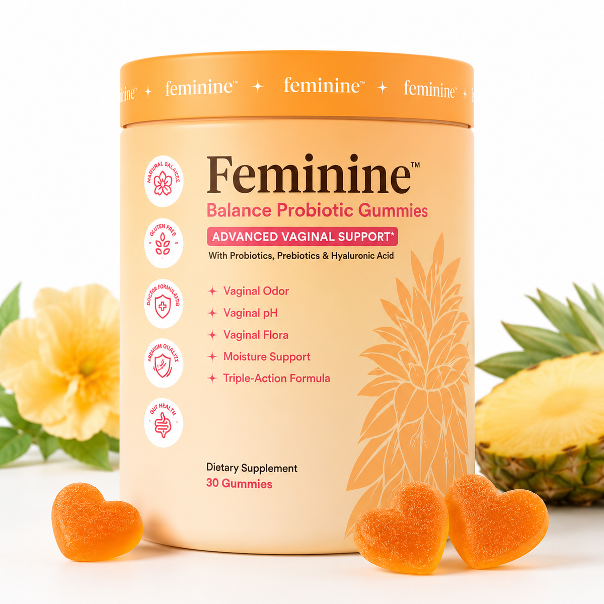 Feminine Balance Probiotic Gummies with Prebiotics & Hyaluronic Acid – 30 Gummies