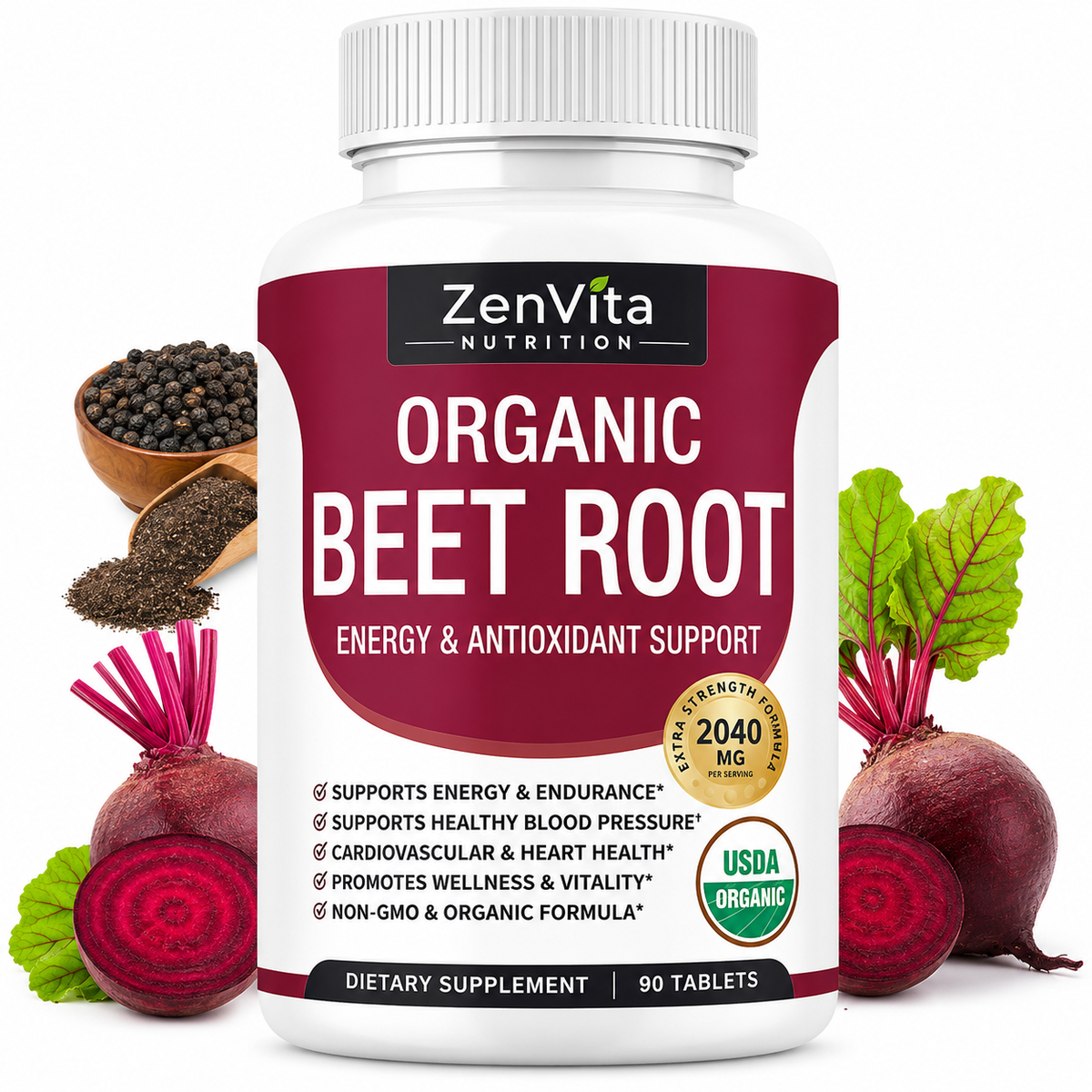 ZenVita Organic Beet Root 2040mg – High Strength Beetroot Supplement – 90 Tablets