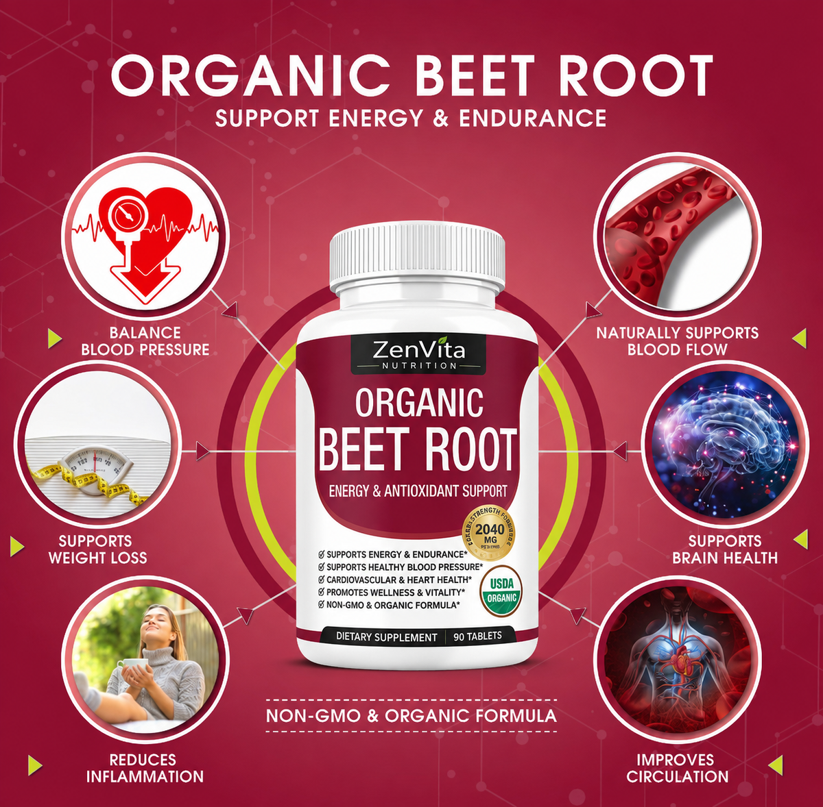 ZenVita Organic Beet Root 2040mg – High Strength Beetroot Supplement – 90 Tablets