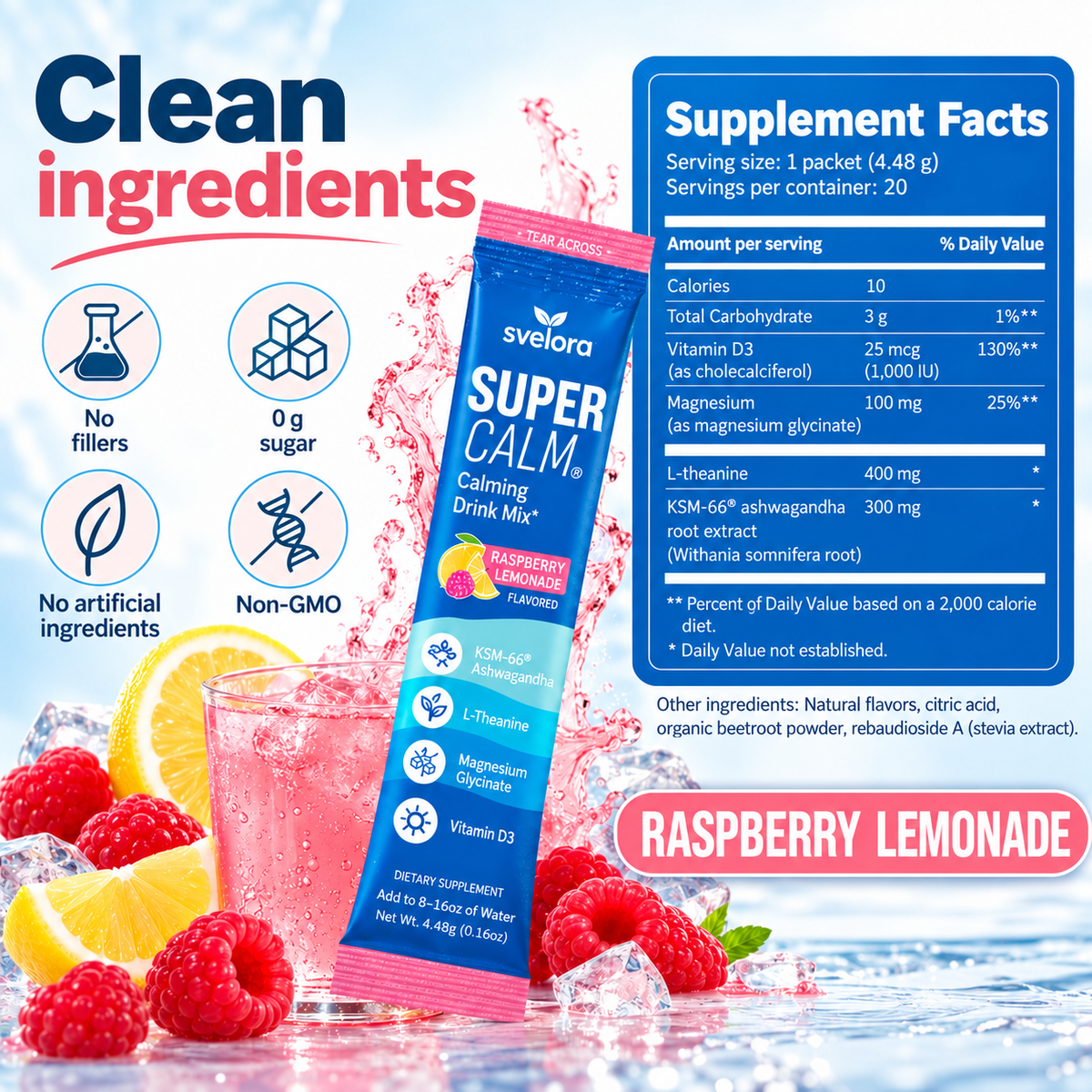 SuperCalm Raspberry Lemonade – Ashwagandha, L-Theanine, Magnesium & Vitamin D3 – 20 Servings