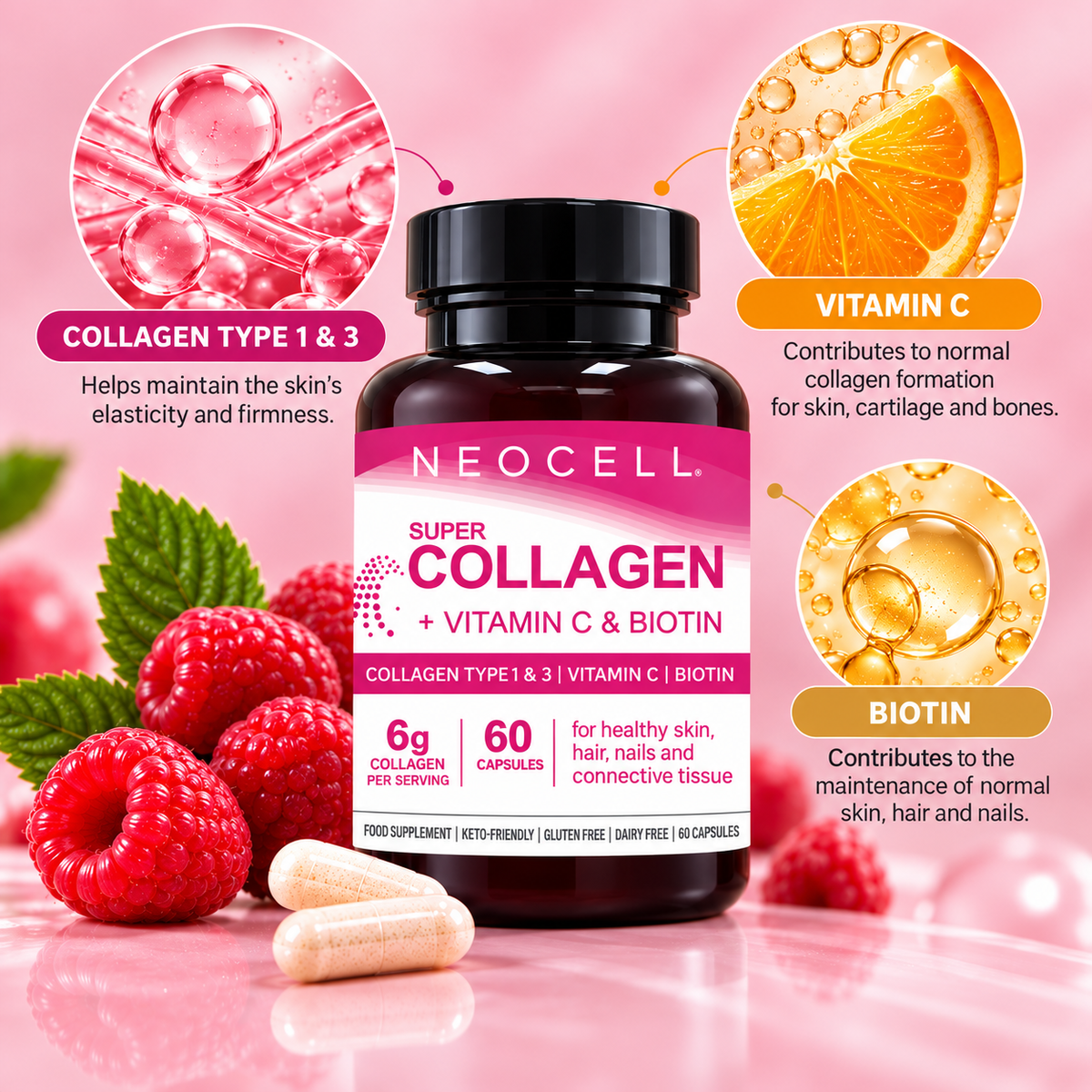 NeoCell Super Collagen with Vitamin C & Biotin – Collagen Type I & III – 60 Capsules