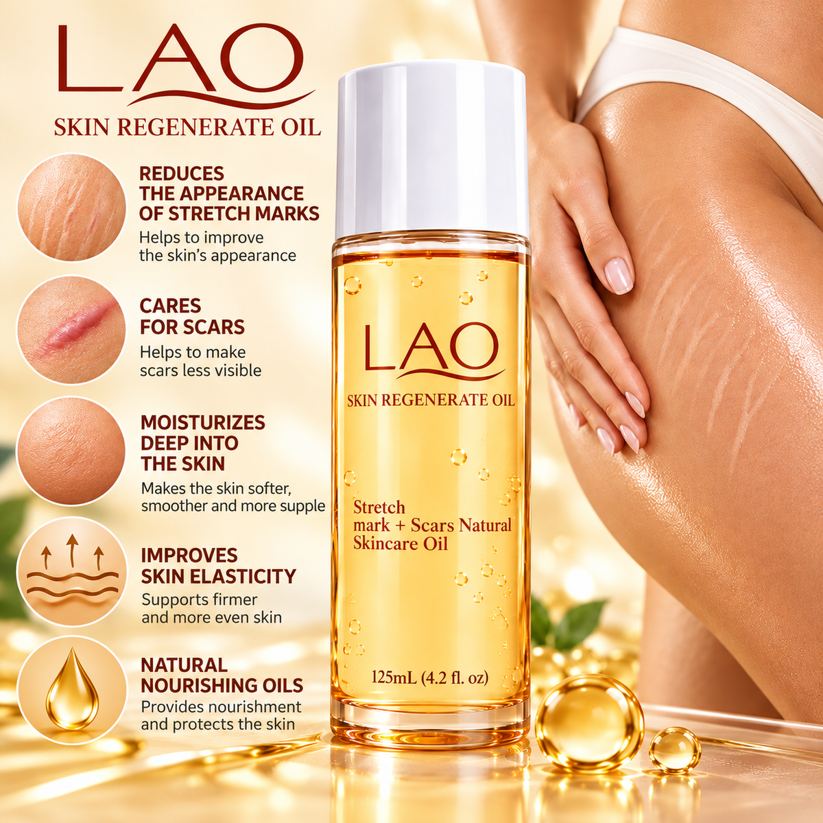 Body Oil for Stretch Marks and Scars – Moisturising Massage Oil for the Skin – 125 ml