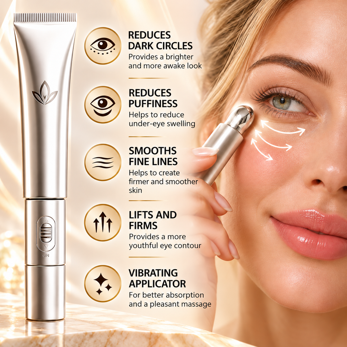 Peptide Eye Cream with Vibrating Massage Applicator – Hyaluronic Acid & Acetyl Hexapeptide-1 – 20 g