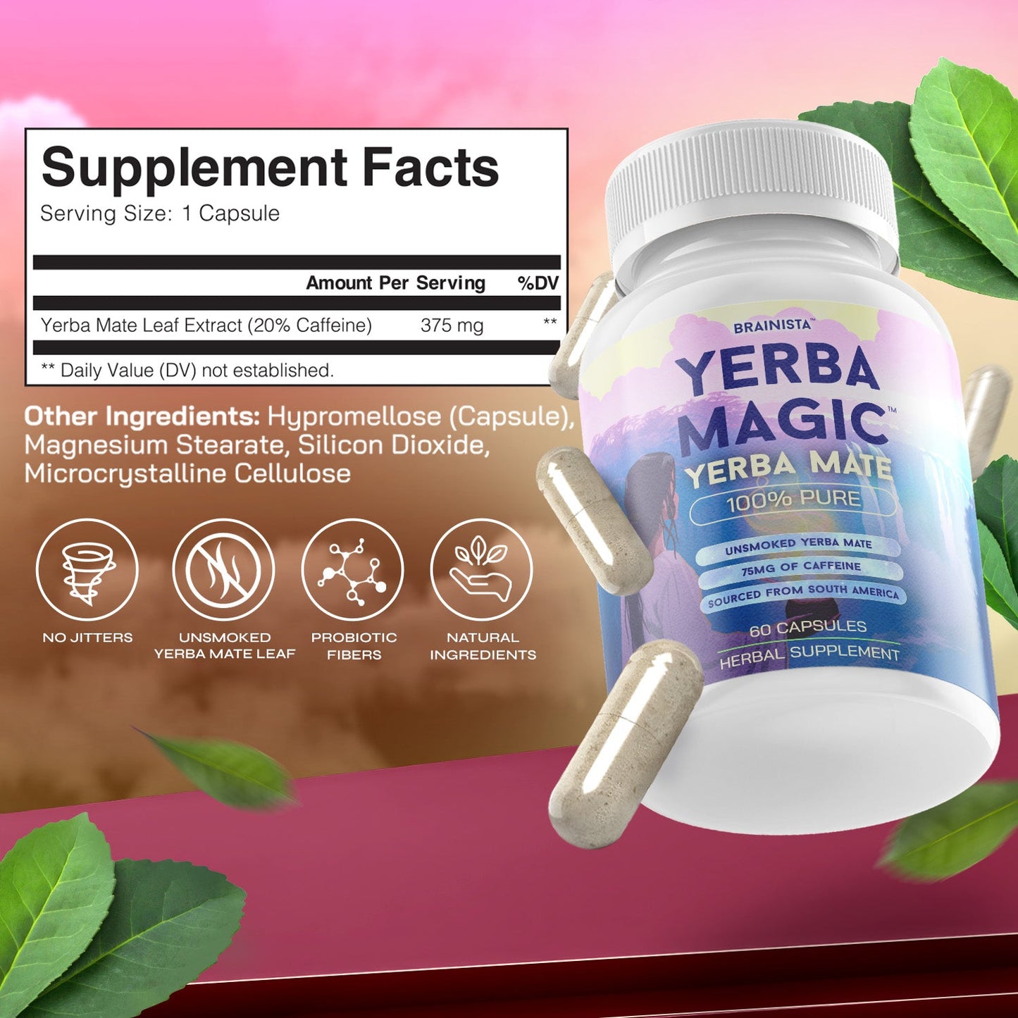 Yerba Mate Capsules 375mg – Natural Caffeine Energy & Focus – 60 Capsules